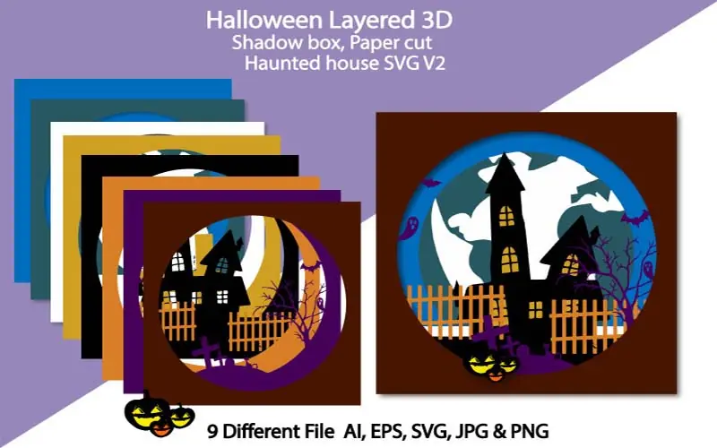 Halloween shadowbox with haunted house and pumpkin lanterns