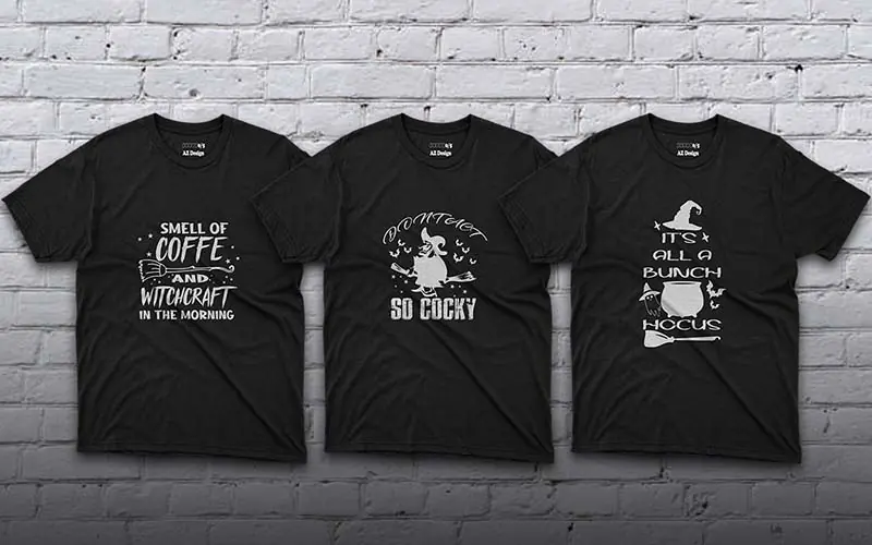 Black t-shirts with Spooky designs on display