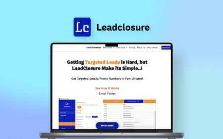 Leadclosure banner with a laptop showing details about the product