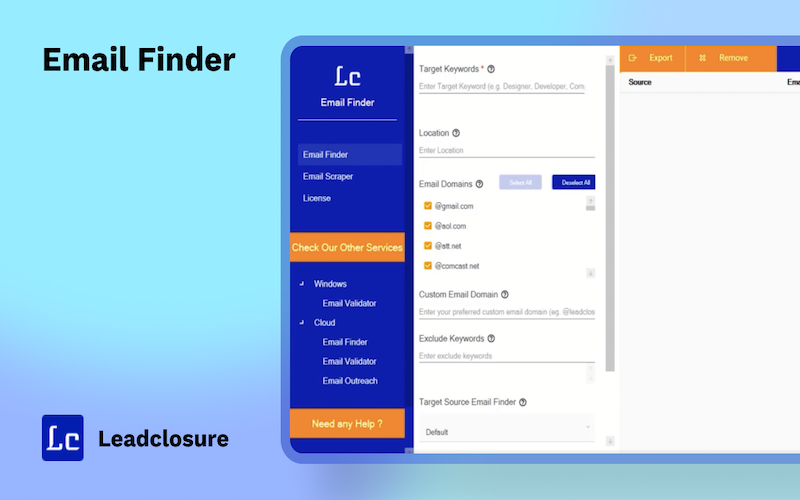 Leadclosure email finder window on display to find targeted leads