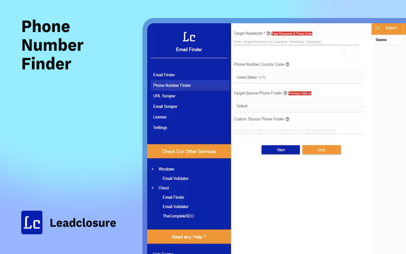 Leadclosure phone number finder window to find targeted leads