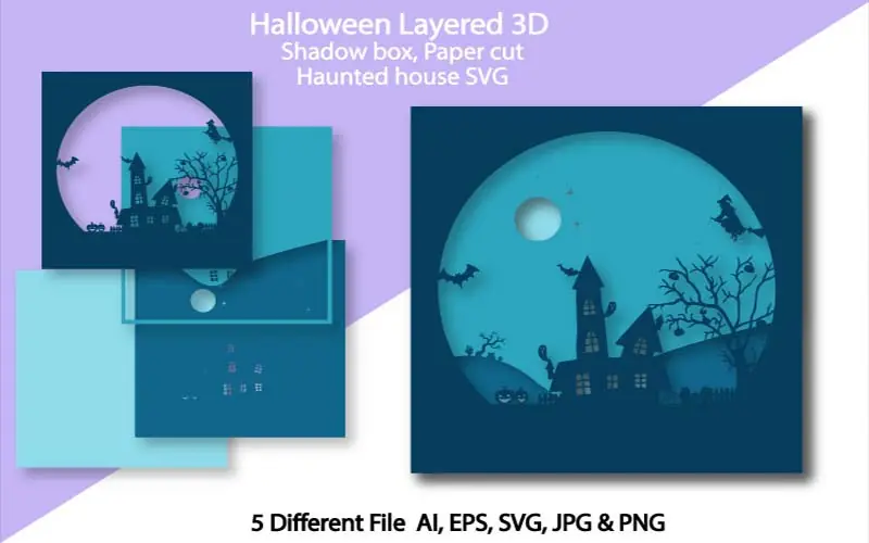 Haunted house shadowbox with trees, moon, and bats