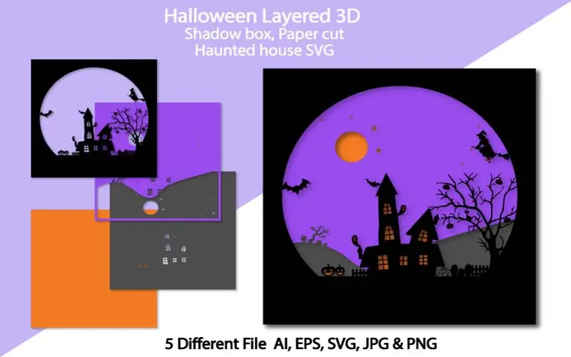 Haunted house shadowbox with trees, moon, and bats