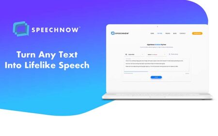 Laptop mockup showing webpage of Speechnow - True To Life AI Speech