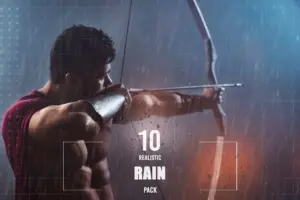 Muscular spartan in red cloak shooting from bow - rain effects