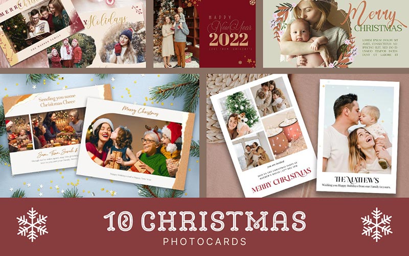 A collage of Christmas photocards with snowflake graphic on right and left for Christmas Graphics Bundle