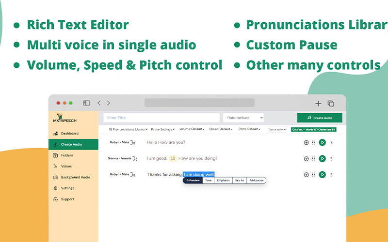 Create audio section of MXSPEECH - convert text to speech