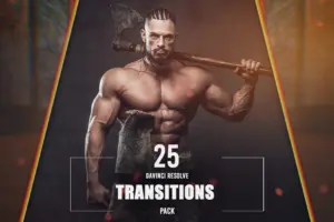 Viking with huge biceps and naked torso posing with axe