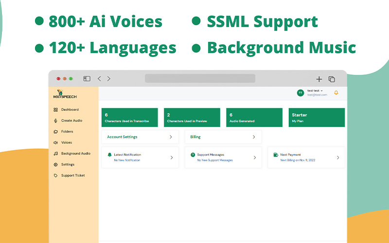 Homepage user inetrface of MXSPEECH - text to speech converter