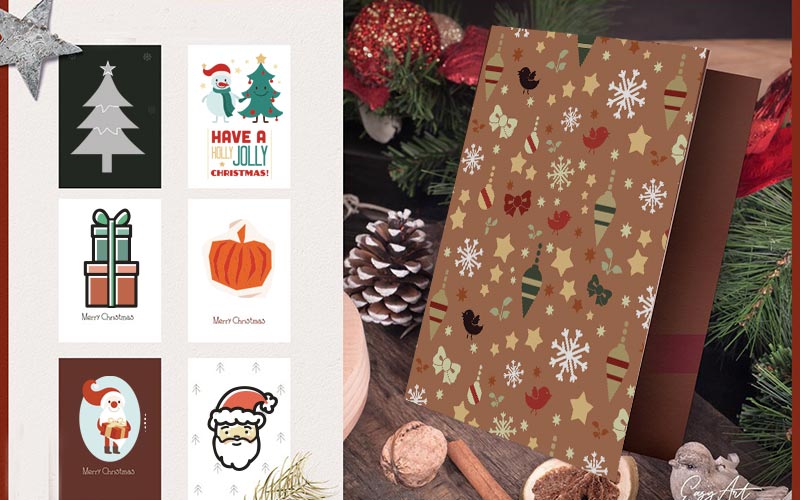 A brown coloured card with Christmas illustration on it for Christmas Graphics Bundle