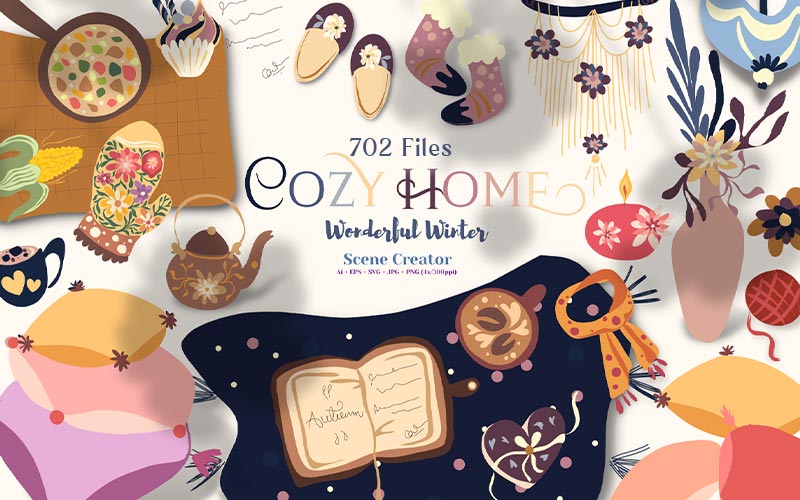 A collection of cozy clip arts related to home for Christmas Graphics Bundle