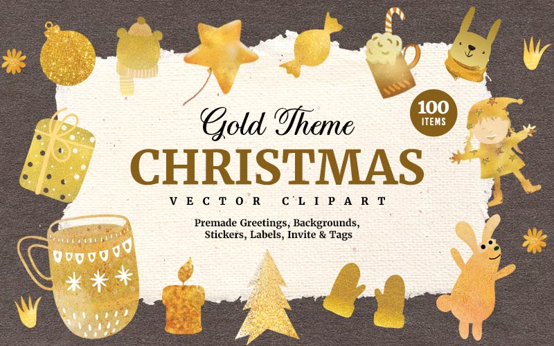 Gold themed Christmas vectors banner for Christmas Graphics Bundle