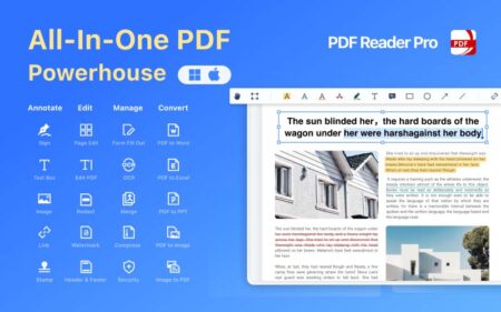 PDF Reader Pro banner with typography and screenshot from the tool - professional tools for freelancers