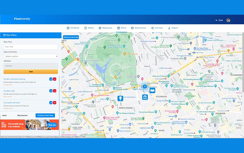 Plan section of Planiversity - Trip Planning Tool
