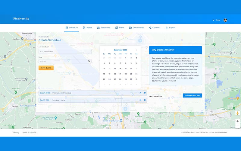 Schedule section of Planiversity - Trip Planning Tool