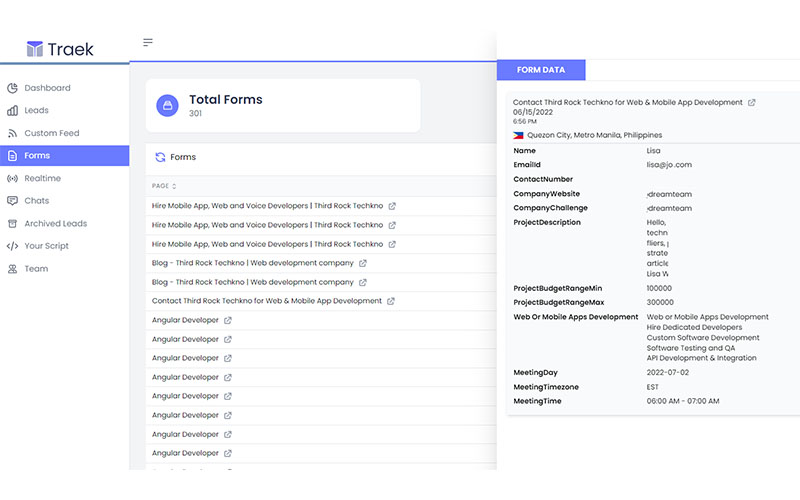 Traek - lead generation tool - forms user interface