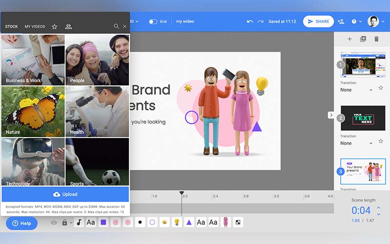Wideo dashboard showing categories to choose a video from to create instant videos