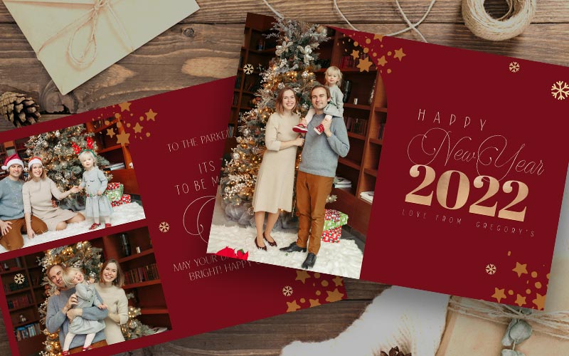 A Christmas photocard with a family of three on display