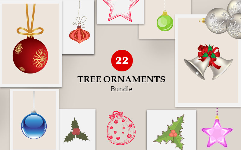 A collage of Christmas tree ornaments on display for Christmas Graphics Bundle