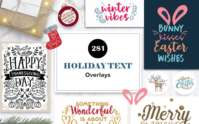 Collage of Christmas-themed text overlays for Christmas Graphics Bundle