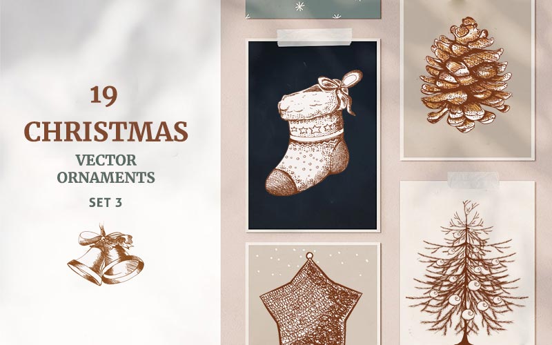 Collage of Christmas vector ornaments with bells at the bottom for Christmas Graphics Bundle