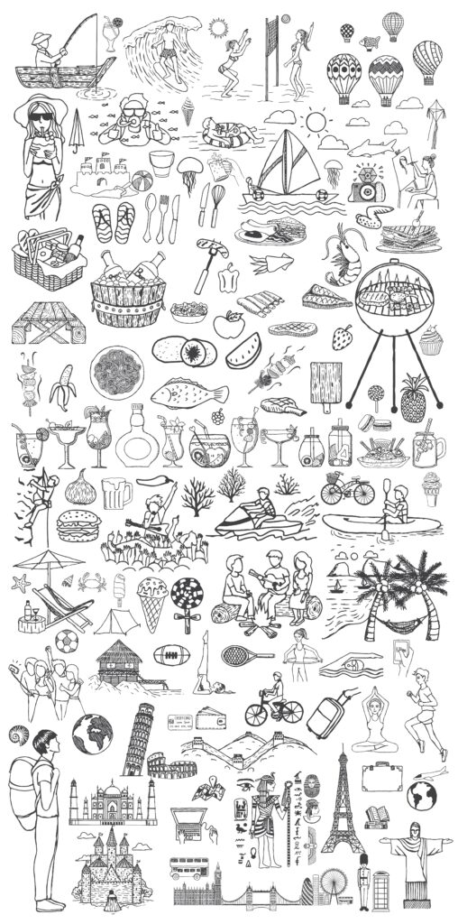 Collage of scaled summer activities included in 2000+ Mega Illustrator Elements Bundle