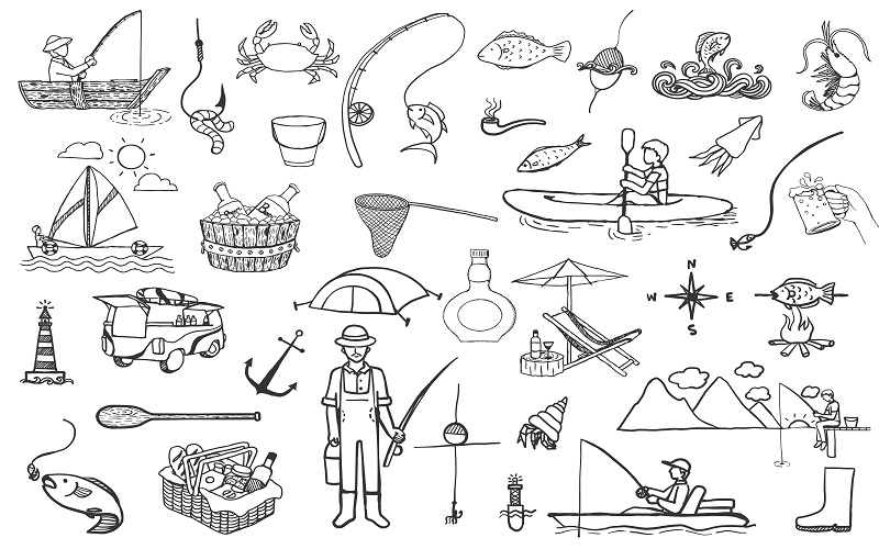 A collection of several elements related to fishing