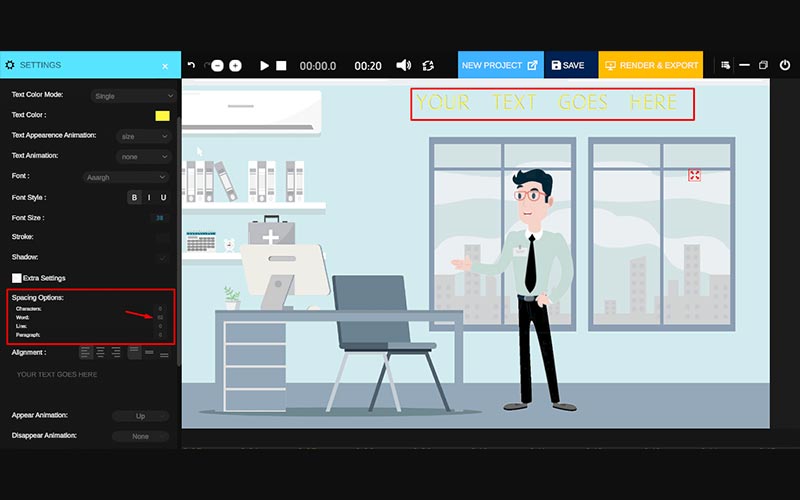 preview of Spacing Options in vidtoon displayed over an animated character in office