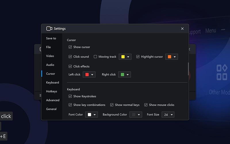 Cursor Settings of RecMaster - screen recording tool