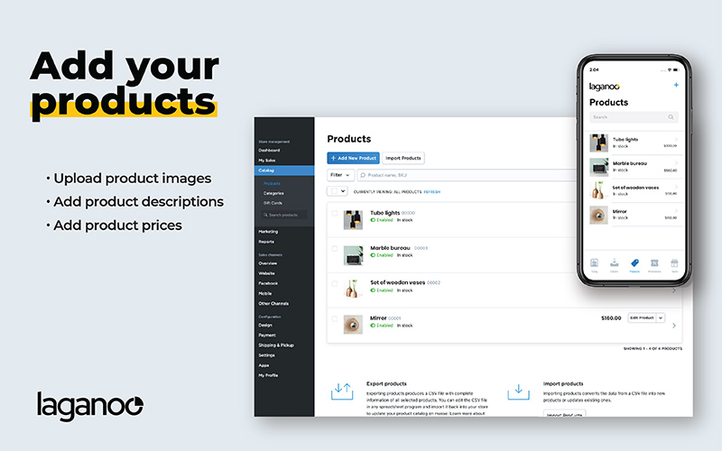 A mobile mockup with screen showing a list of products in laganoo