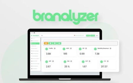 A laptop mockup with stats in dsiplay for Branalyzer - All-In-One Brand Analysis Software Banner