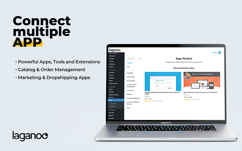 Laptop mockup with app market on display with products on Laganoo - Create Websites In Minutes