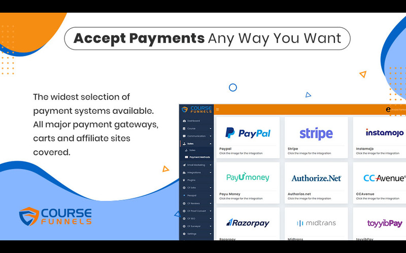 Several options to accept payments in CourseFunnels Pro