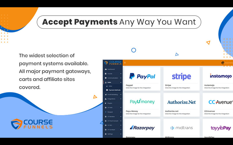 Several options to accept payments in CourseFunnels Pro - Online Course Creator