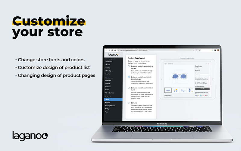 Laptop mockup with sunglasses in display and showing the customization option in Laganoo to Create Websites In Minutes