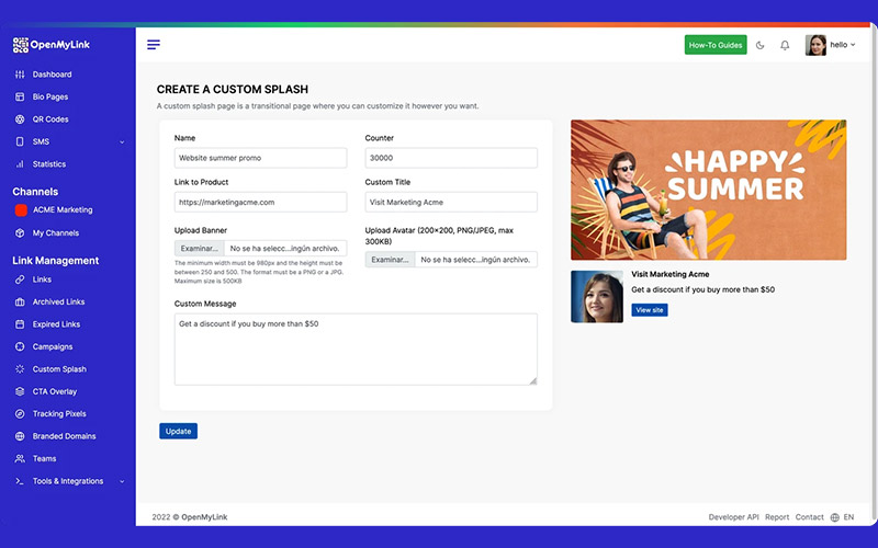 OpenMyLink: custom splash create panel