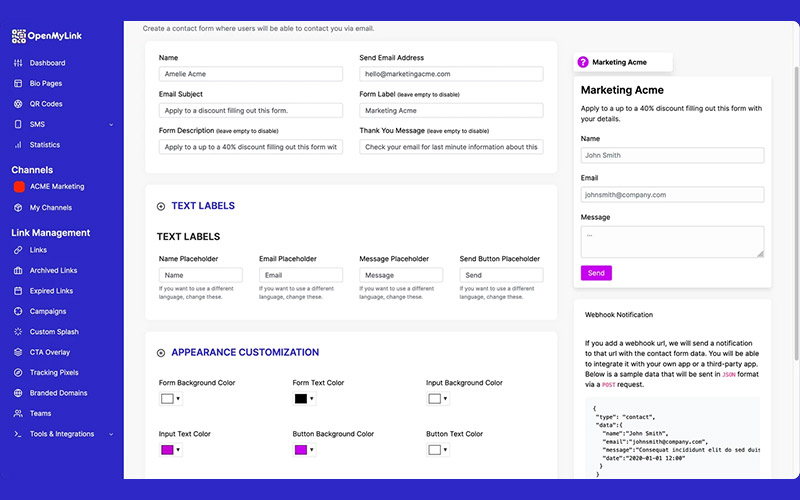 OpenMyLink panel overview