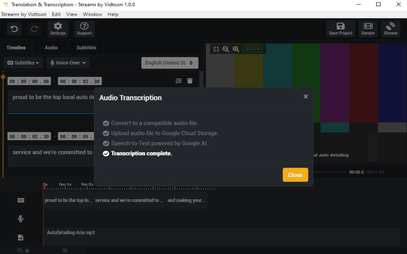 Audio transcription completed popup