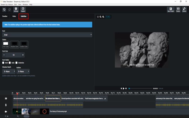 Subtitles user interface of streamr - AI video transcription tool