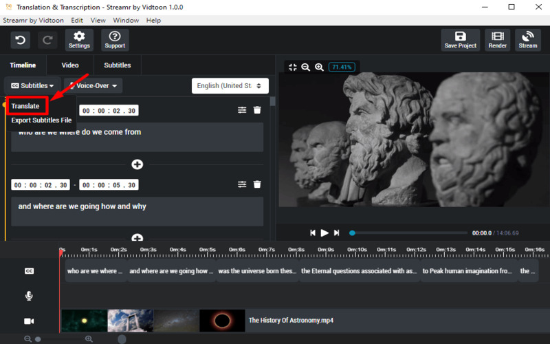 Translation feature of Streamr - AI Video Transcription screenshot