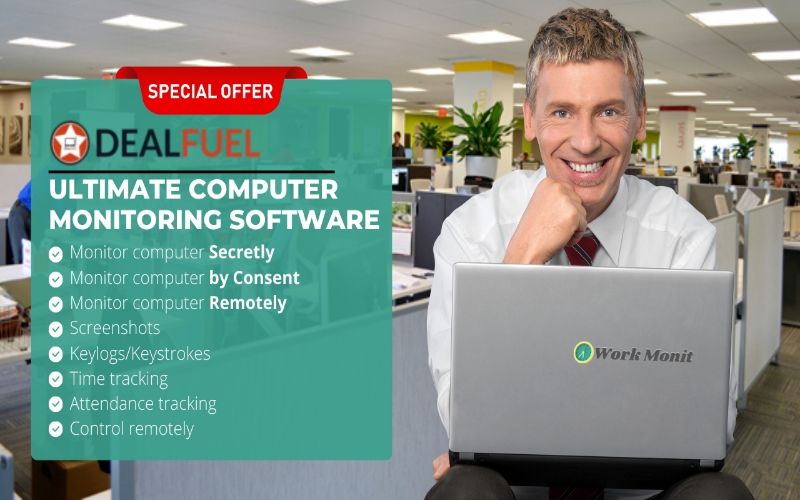 Man sitting with laptop along with features of workmonit - employee screen monitoring software listed at the side.