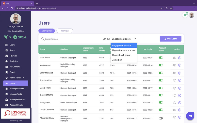 User Dashboard of Elite Learning- skill management tool