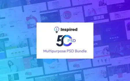 Collage of templates in the background for 50 Modern Website PSD Templates banner
