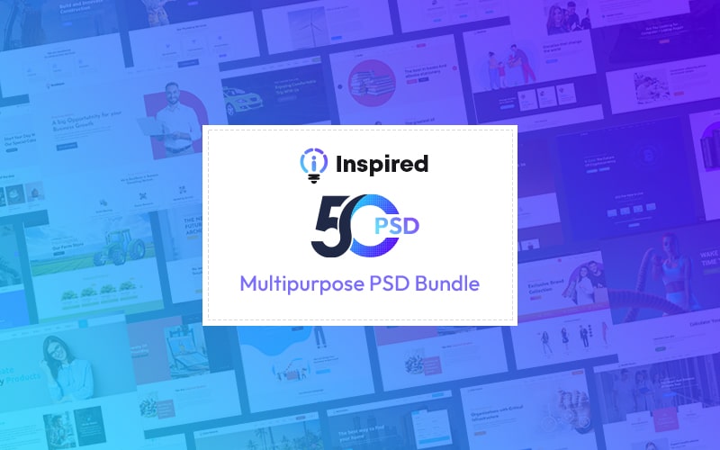 Collage of templates in the background for 50 Modern Website PSD Templates banner