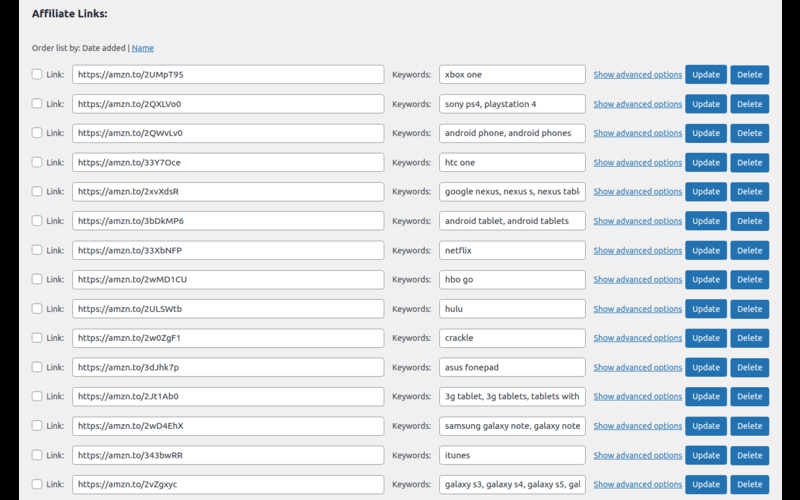 Auto Affiliate Links -Affiliate Link management tool affiliate links list displayed
