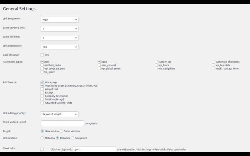 General settings page of the product