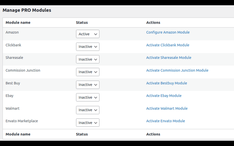 Manage PRO modules page of the product