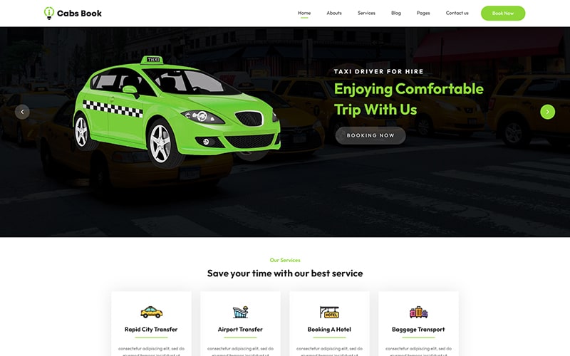A template of cab booking website in website PSD templates
