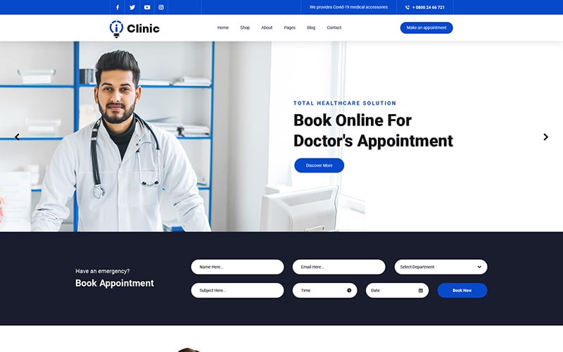 Display of a clinic template used in making a website by website PSD templates