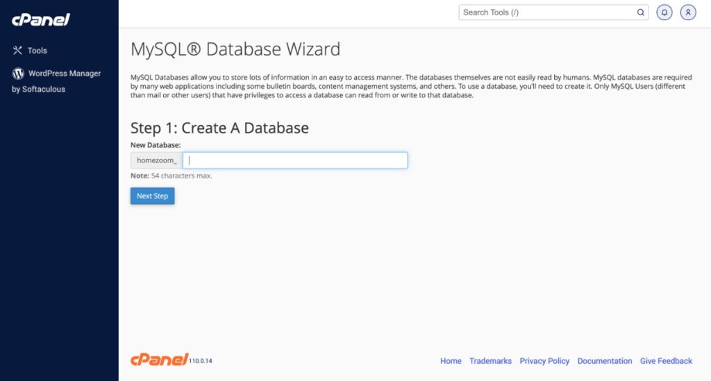 Database creation page